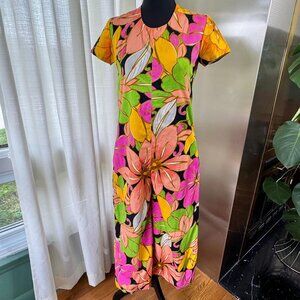 Vintage 60s palazzo jumpsuit, orange, coral, hot pink, green, black, wide legs